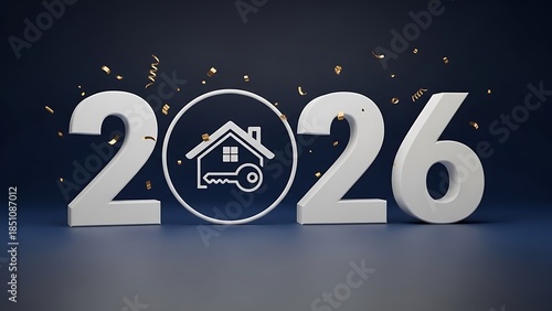 Happy New Year 2026 Real Estate Concept with House and Key Icon 3D Render Illustration on Dark Blue Background with Gold Confetti for Home Buying and Property Mortgage Broker Agency Marketing