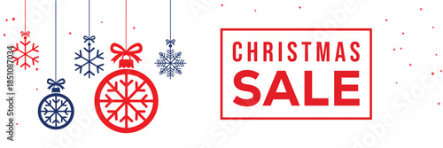 Modern Christmas sale banner with elegant script and bold SALE typography on a white background, featuring red and blue hanging snowflake ornaments, perfect for end of season winter holiday promotions