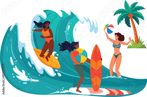 Colorful Flat Illustration of Diverse Women Surfing and Playing with Beach Balls in Large Ocean Waves, Featuring Tropical Palm Trees for Summer Vacation Concepts.