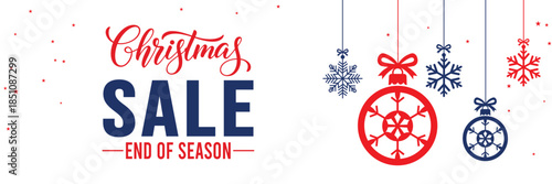 Modern Christmas sale banner with elegant script and bold SALE typography on a white background, featuring red and blue hanging snowflake ornaments, perfect for end of season winter holiday promotions