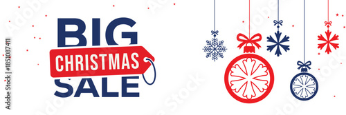 Modern Christmas sale banner with elegant script and bold SALE typography on a white background, featuring red and blue hanging snowflake ornaments, perfect for end of season winter holiday promotions