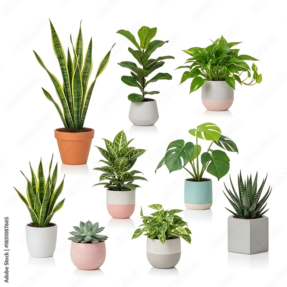 Fototapeta premium assorted houseplants in colorful pots on white background