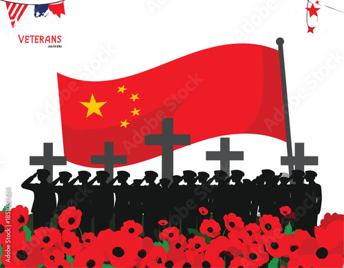 Patriotic Illustration for Chinese Veterans Day Featuring a Waving National Flag over Silhouetted Saluting Soldiers and Red Poppies with Memorial Crosses.