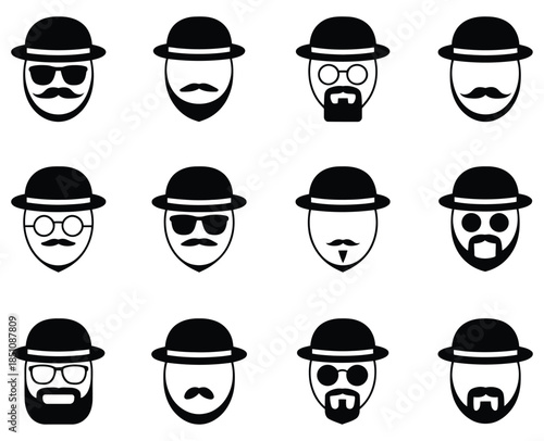 set of mustache, hats and eyeglasses unique icon designs