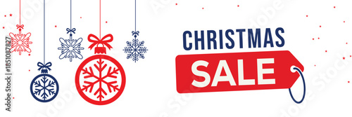 Modern Christmas sale banner with elegant script and bold SALE typography on a white background, featuring red and blue hanging snowflake ornaments, perfect for end of season winter holiday promotions