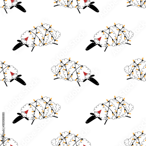 A cute Christmas seamless patters with a sheep wrapped in Christmas lights.