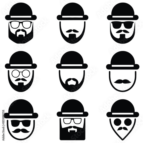 Hipster and dapper men's faces with hats and beards