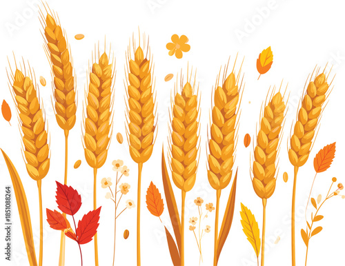 Autumn Harvest Illustration Featuring Golden Wheat Stalks and Falling Leaves for Agriculture Farming and Thanksgiving Themed Graphic Backgrounds.