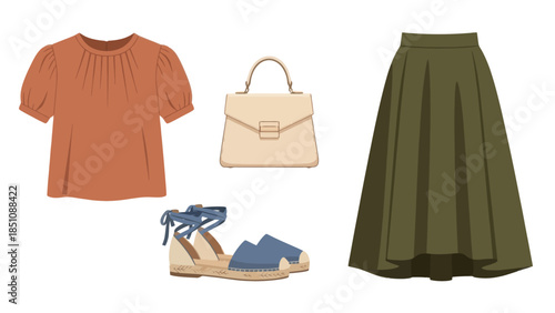 Chic Women's Fashion Outfit Orange Blouse, Beige Handbag, Blue Espadrilles, and Olive Green Skirt
