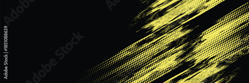 Halftone yellow dots pattern and black gradient grunge texture background. Dotted line comic sport style vector illustration.