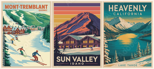 Retro mid-century travel poster triptych featuring Mont Tremblant Sun Valley and Heavenly Lake Tahoe ski resort destinations.