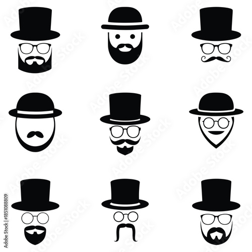 Set of top hat and glasses icons. vector set of hats