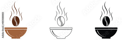 Steaming coffee cups with beans in modern design