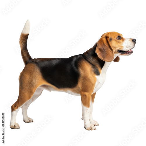 Adorable beagle dog standing profile view playful expression happy pet