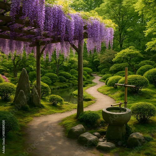 Serene Japanese Garden in Spring with Trees, Flowers, and a Peaceful Park Path