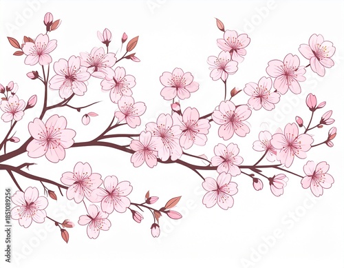 Elegant pink cherry blossoms unfurl on a gracefully curving branch, capturing the essence of spring's awakening and natural beauty in a delicate illustration
