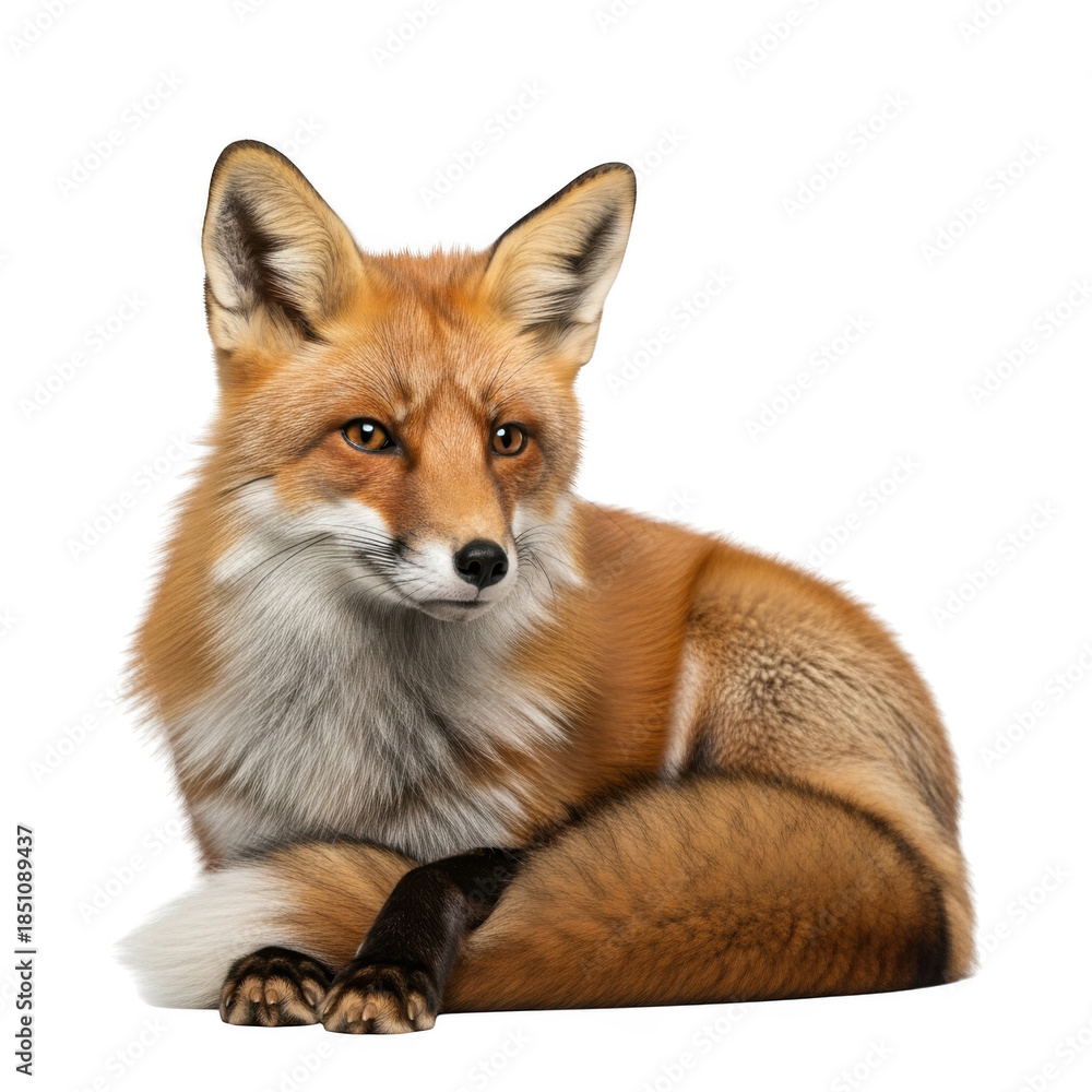 Fototapeta premium Red fox lying down portrait with intense gaze wildlife photography