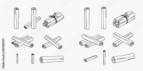 Hand-drawn sketch set of cinnamon sticks and rolls in various arrangements.