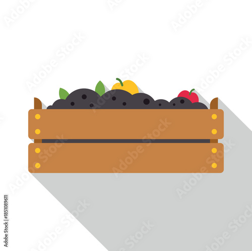 Wooden crate filled with soil, leaves, and fruit for composting