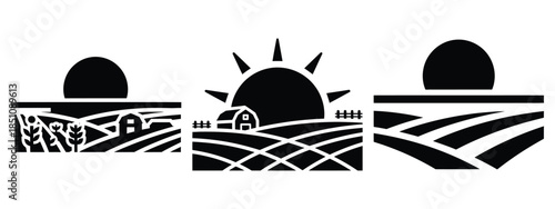 sun over farmland silhouette icon set. agriculture, plant-based lifestyle symbols