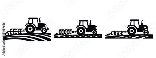 tractor plowing field silhouette icon set. agriculture, plant-based lifestyle symbols