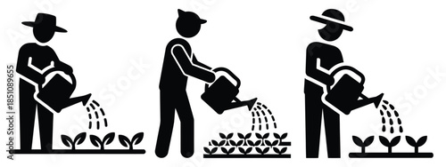 watering crops silhouette icon set. agriculture, plant-based lifestyle symbols