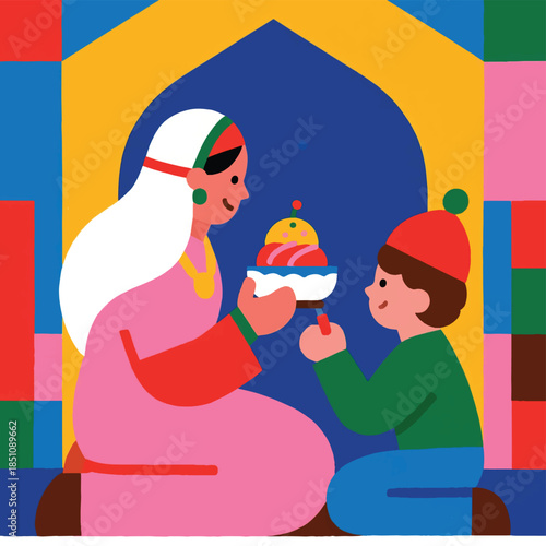 Illustration Of Grandmother Giving Food To Grandson Vector Design Template