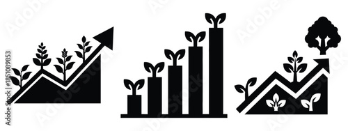 agricultural growth chart silhouette icon set. agriculture, plant-based lifestyle symbols