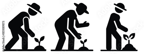 agricultural hand planting silhouette icon set. agriculture, plant-based lifestyle symbols