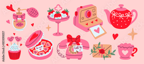 Flat style Valentine illustration set with vintage perfume, chocolate strawberries, instant camera, teapot, lovebird cupcake, heart candy box, rotary phone, sealed letter, and heart cup