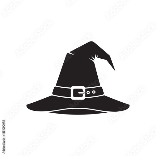 Black witch hat with belt on white background