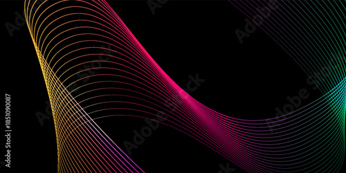 Dark abstract background featuring glowing, flowing wave lines in blue red color gradient. Futuristic design with shiny, smooth motion, perfect for technology-inspired visuals. Vector illustration.