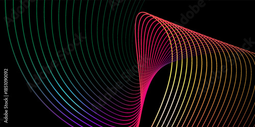 Dark abstract background featuring glowing, flowing wave lines in blue red color gradient. Futuristic design with shiny, smooth motion, perfect for technology-inspired visuals. Vector illustration.