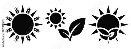 agricultural sun icon silhouette icon set. agriculture, plant-based lifestyle symbols