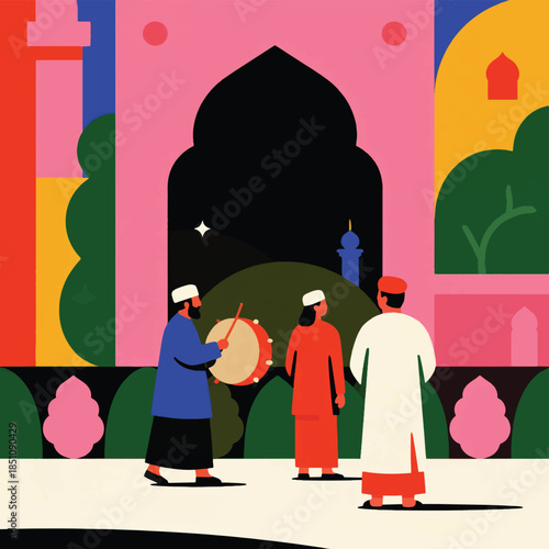 Illustration Of Takbiran Night, Filled With The Sound Of Drums And The Muezzin Chanting Takbir In The Mosque Vector Design Template