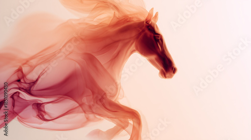 An abstract horse made of flowing smoke. An elegant image of a running horse formed by flowing red-orange smoke on a pale gradient background. An airy, minimalist composition. Year of the Horse 2026
