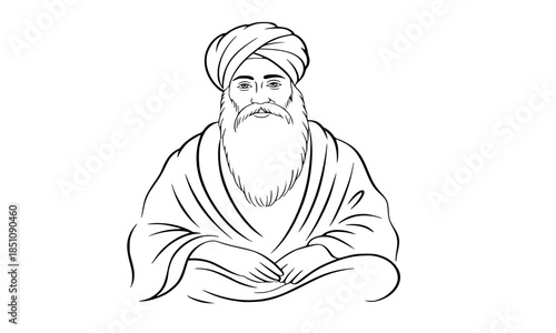 Spiritual line art illustration of Guru Nanak Dev Ji, founder of Sikhism, traditional portrait of Sikh Guru with turban and beard, divine Indian religious icon for Gurpurab and meditation