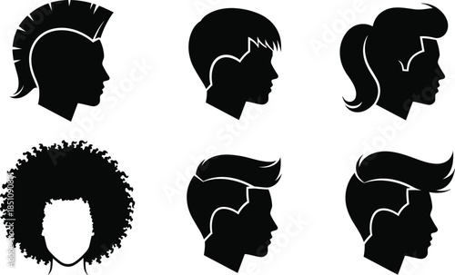 Silhouette hairstyle vector set, mohawk, afro, ponytail, undercut, short hair, trendy haircut, black profile, fashion design, editable illustration