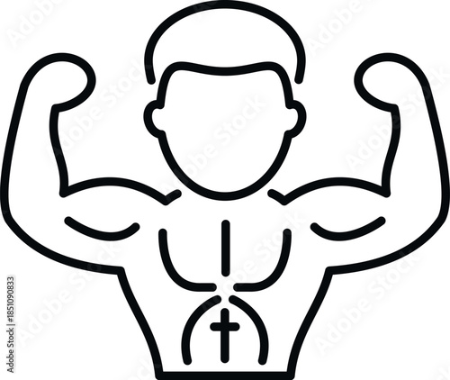 Masculine figure flexing biceps and chest, displaying spiritual cross symbol