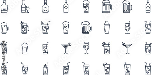 “Alcohol and beverage drink icons set featuring beer mugs, cocktail glasses, wine bottles, refreshing drinks, bar menu graphics for hospitality design”