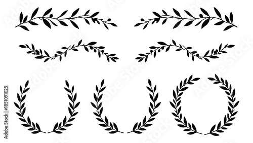 Elegant black floral borders and laurel wreaths for decorative design