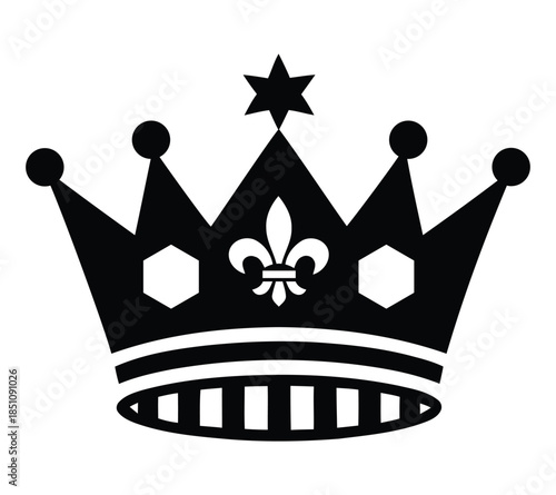 A striking black and white icon of a royal crown. crown icon vector