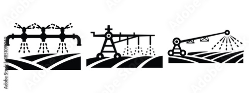 crop irrigation system silhouette icon set. agriculture, plant-based lifestyle symbols