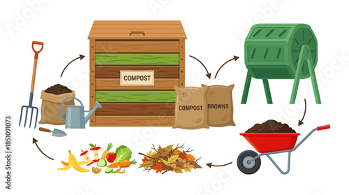 Composting process diagram with food waste and garden tools