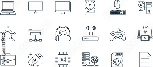 “Computer technology device icons set featuring laptops monitors hardware accessories gadgets storage components digital equipment visuals for IT and electronics design”
