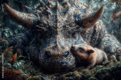 Giant Armored Dinosaur Resting Among Jungle Plants With Affectionate Cub