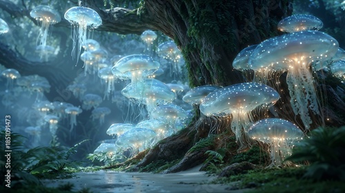 Glowing Jellyfish Drift Through a Magical Forest Scene With Mossy Trees