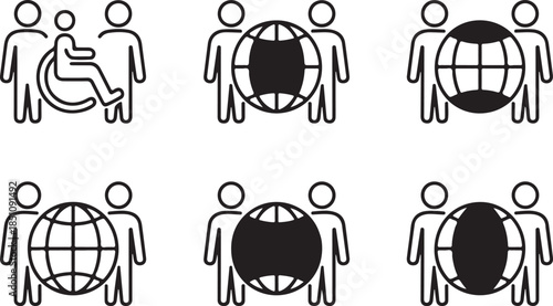 Global Inclusion and Accessibility Icons, Diversity and International Community Line Art