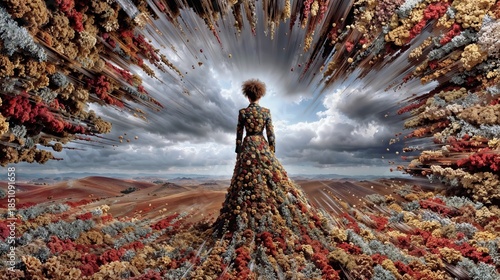 Woman in Floral Gown Stands on Desert Ridge as Flowers Burst Framing the Scene