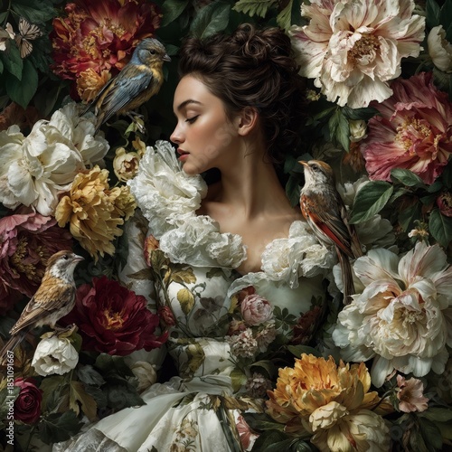 Woman Portrait Surrounded by Colorful Large Flowers and Birds in Lush Floral Scene